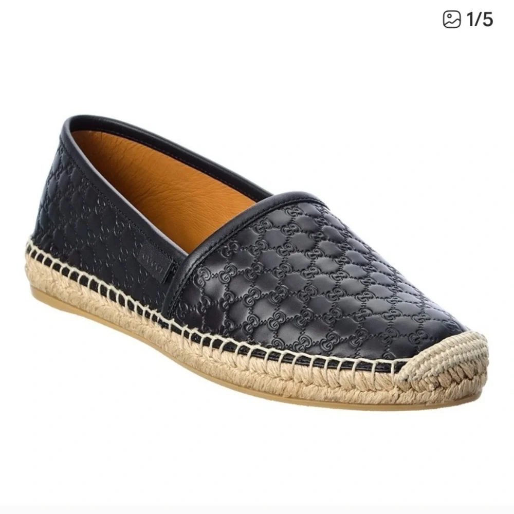 Gucci Micro Guccissima GG Monogram Black Leather Espadrilles Flats Size 8/38